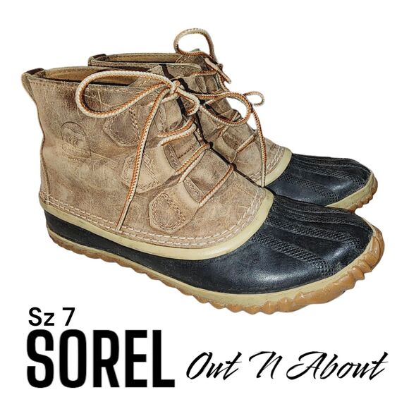 SOREL OUT N ABOUT Sz 7 Tan Distressed Leather Outdoor Rain Mud Ankle Duck Boots - Picture 1 of 9